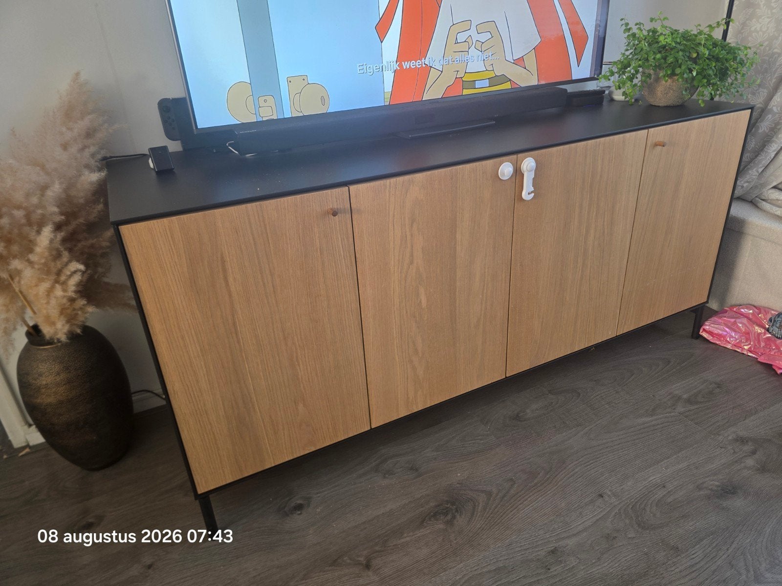 IKEA BOASTAD Dressoir zwart/eikenfineer, 161x52x75 cm, Huis en Inrichting, Ophalen, Modern, Scandinavisch, 150 tot 200 cm, Zo goed als nieuw
