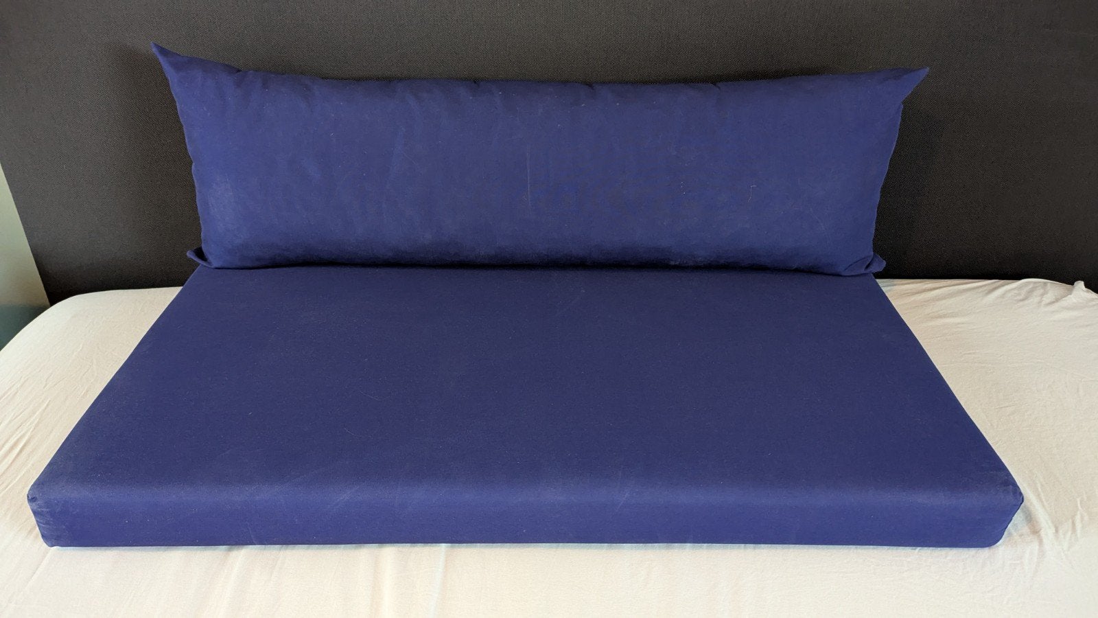 kussenset steigerhouten bank blauw, Ophalen, Gebruikt
