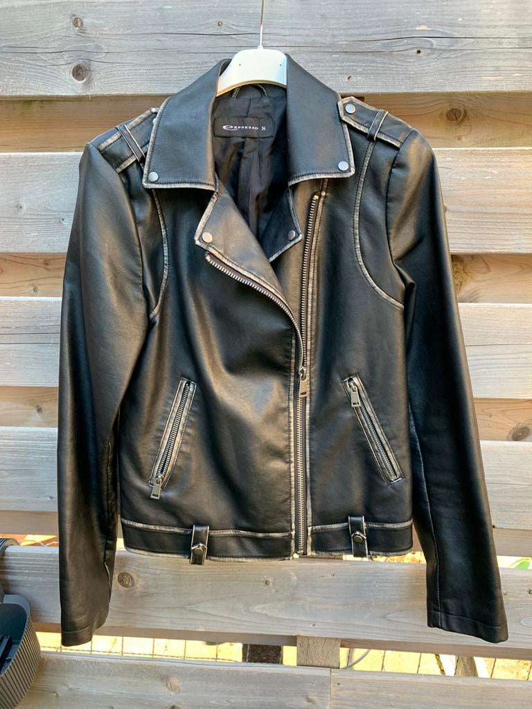 Bikersjasje (leather look) maat 36/38 Expresso, Ophalen of Verzenden, Zo goed als nieuw, Maat 36 (S), Zwart