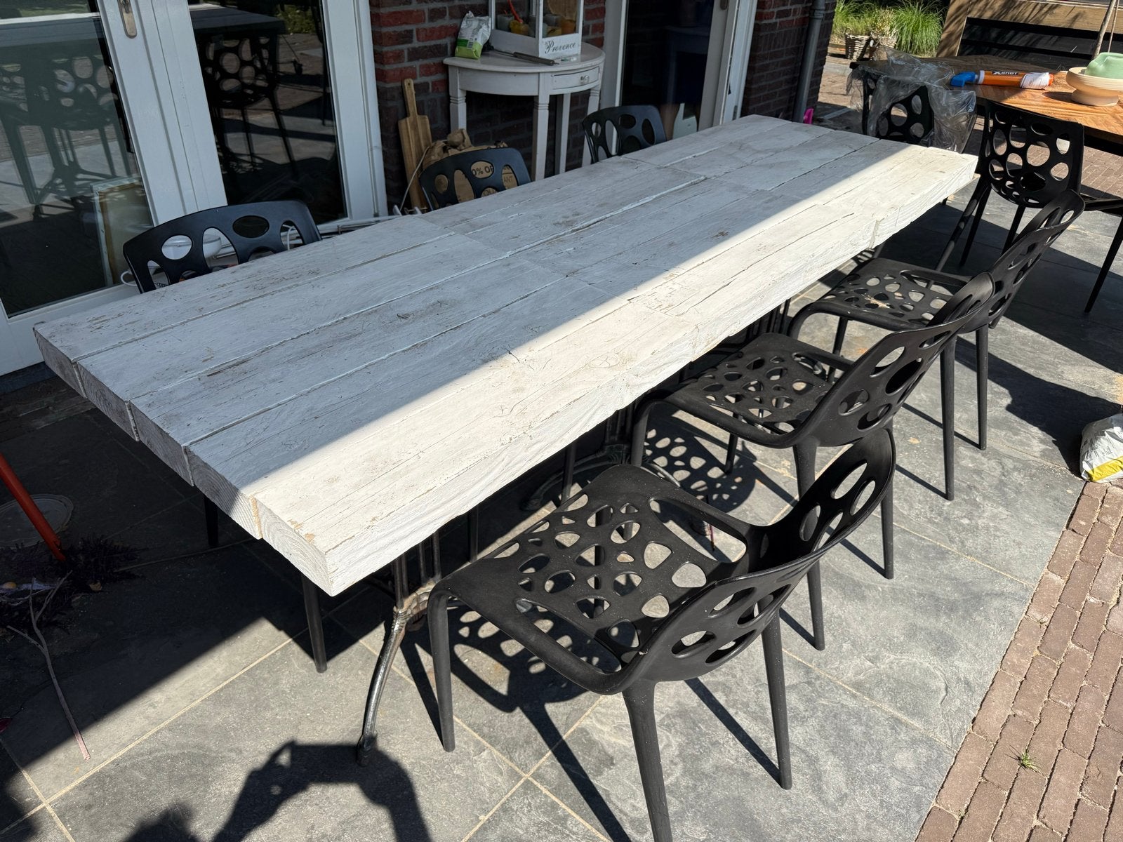 3x White wash tafels op gietijzeren onderstel (73x73x77cm), Huis en Inrichting, Tafels | Eettafels, Gebruikt, Vierkant, Tot twee personen