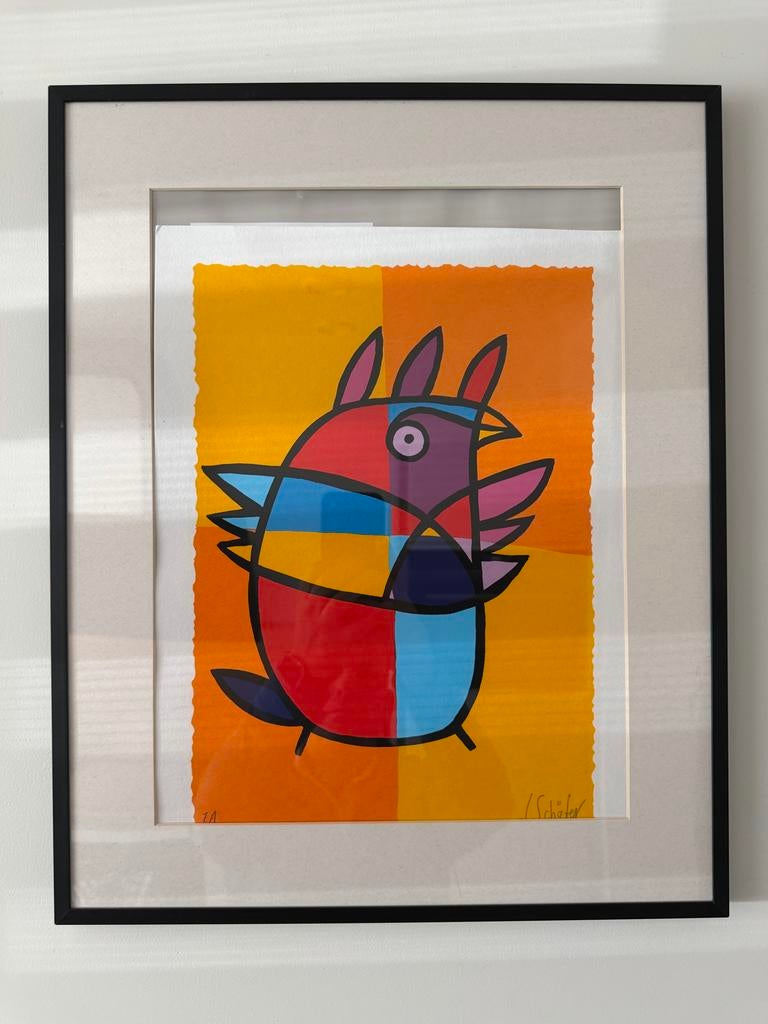 Vrolijke Litho van J. Schäfer - Kleurrijk Kunstwerk, Antiek en Kunst, Ophalen of Verzenden