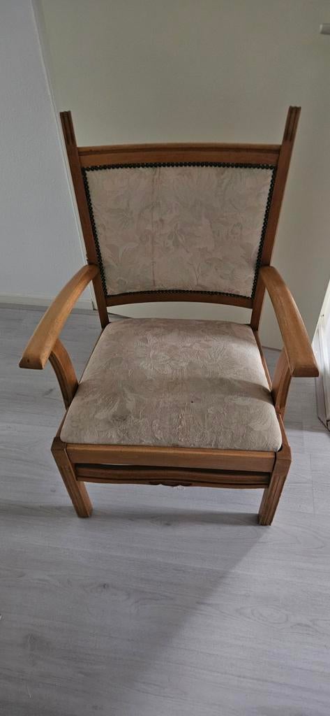 Vintage fauteuil met lichte bekleding, Ophalen, Gebruikt, Stof, 50 tot 75 cm
