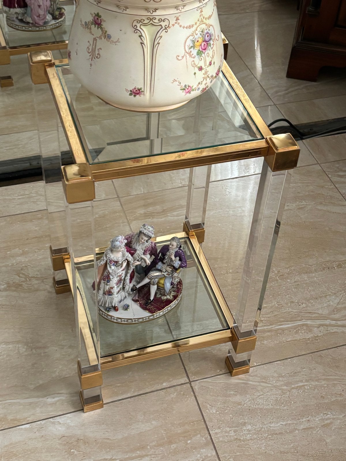 Gouden bijzettafel met glazen platen, Minder dan 55 cm, Gebruikt, Vierkant, Glas