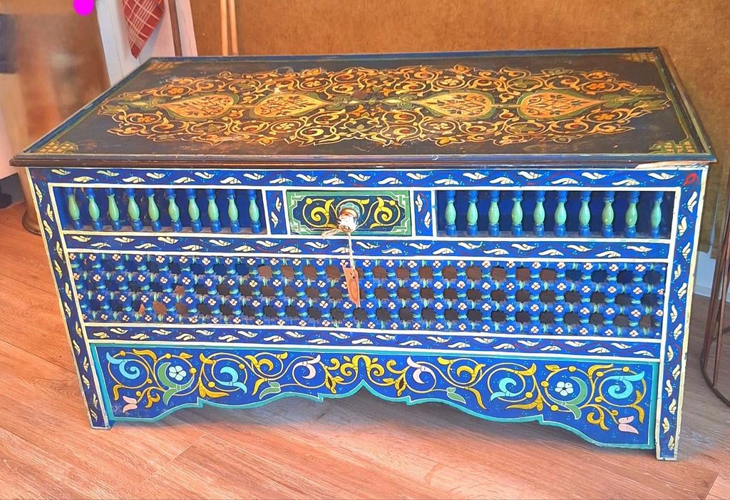 Unieke handgeschilderde Ibiza stijl tafel/bank, Gebruikt, 100 tot 150 cm, 50 tot 75 cm, Overige houtsoorten