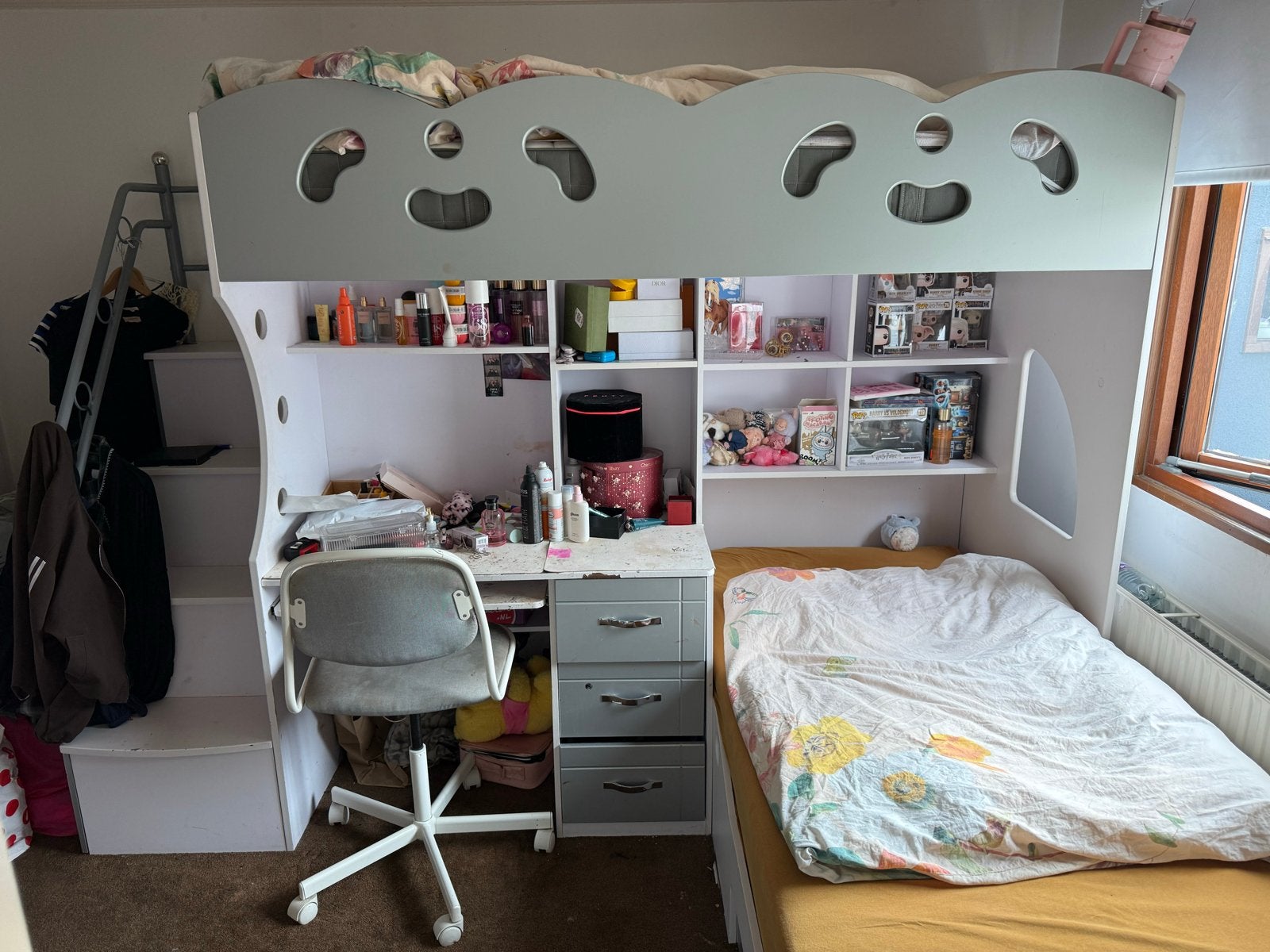 Hoogslaper stapelbed met bureau en opbergruimte, Ophalen, Gebruikt, 160 tot 180 cm, Tweepersoons
