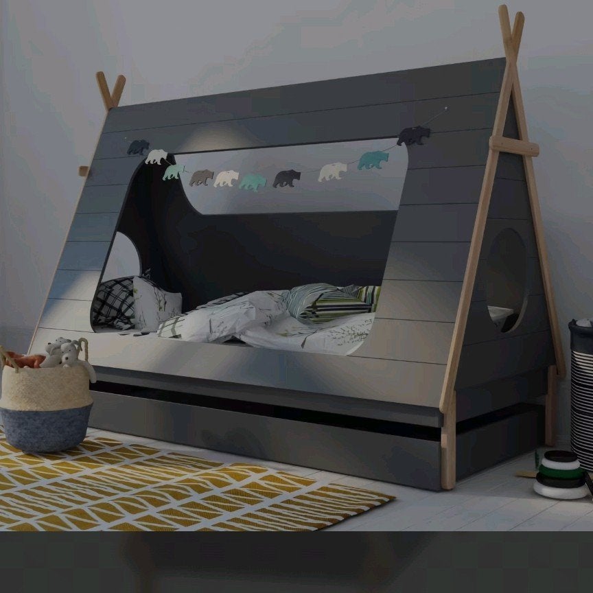 Stoer BLN Kids TIPI kinderbed 90x200 cm grijs incl. lade, Ophalen, 85 tot 100 cm, Zo goed als nieuw, Lattenbodem