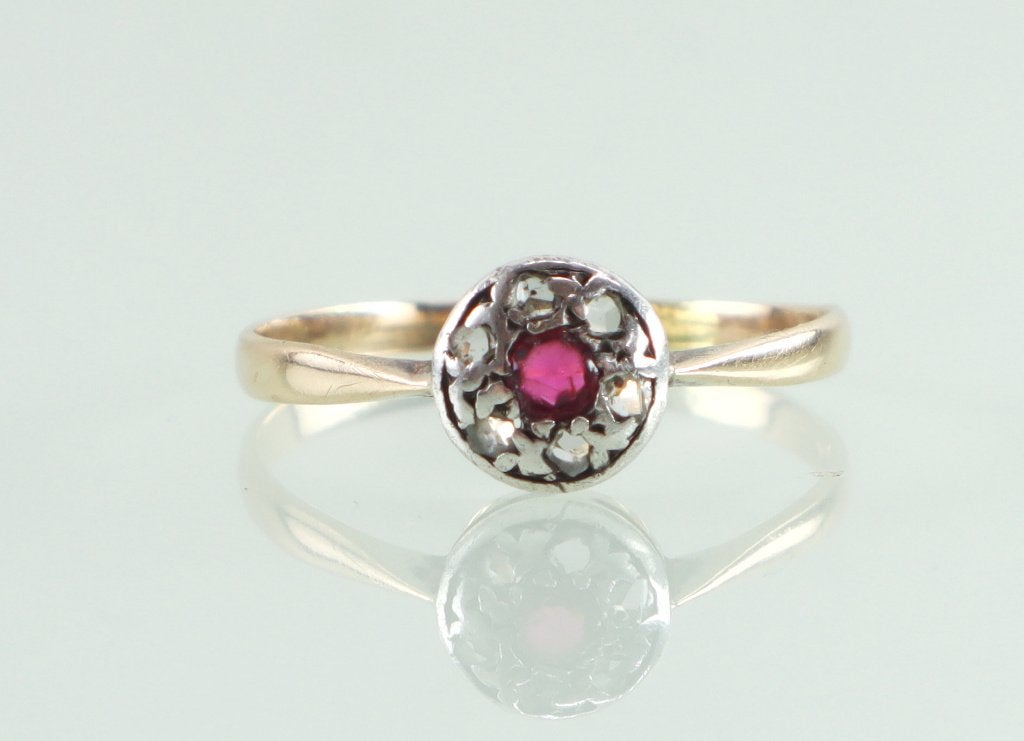Antieke gouden ring roosdiamant en granaat, Ophalen of Verzenden, Goud, Ring, Met edelsteen