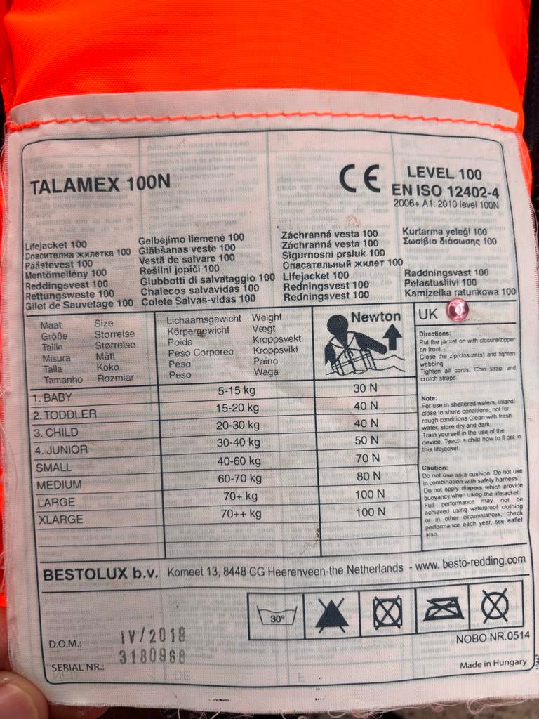 Talamex 100N Zwemvestje - Oranje, Watersport en Boten, Ophalen, Gebruikt, Overige typen