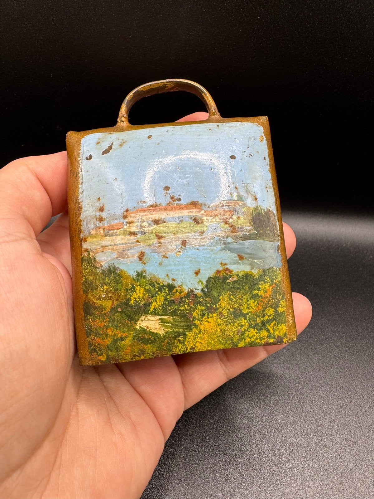 Oude koeienbel met handgeschilderd landschap, Antiek en Kunst, Ophalen of Verzenden