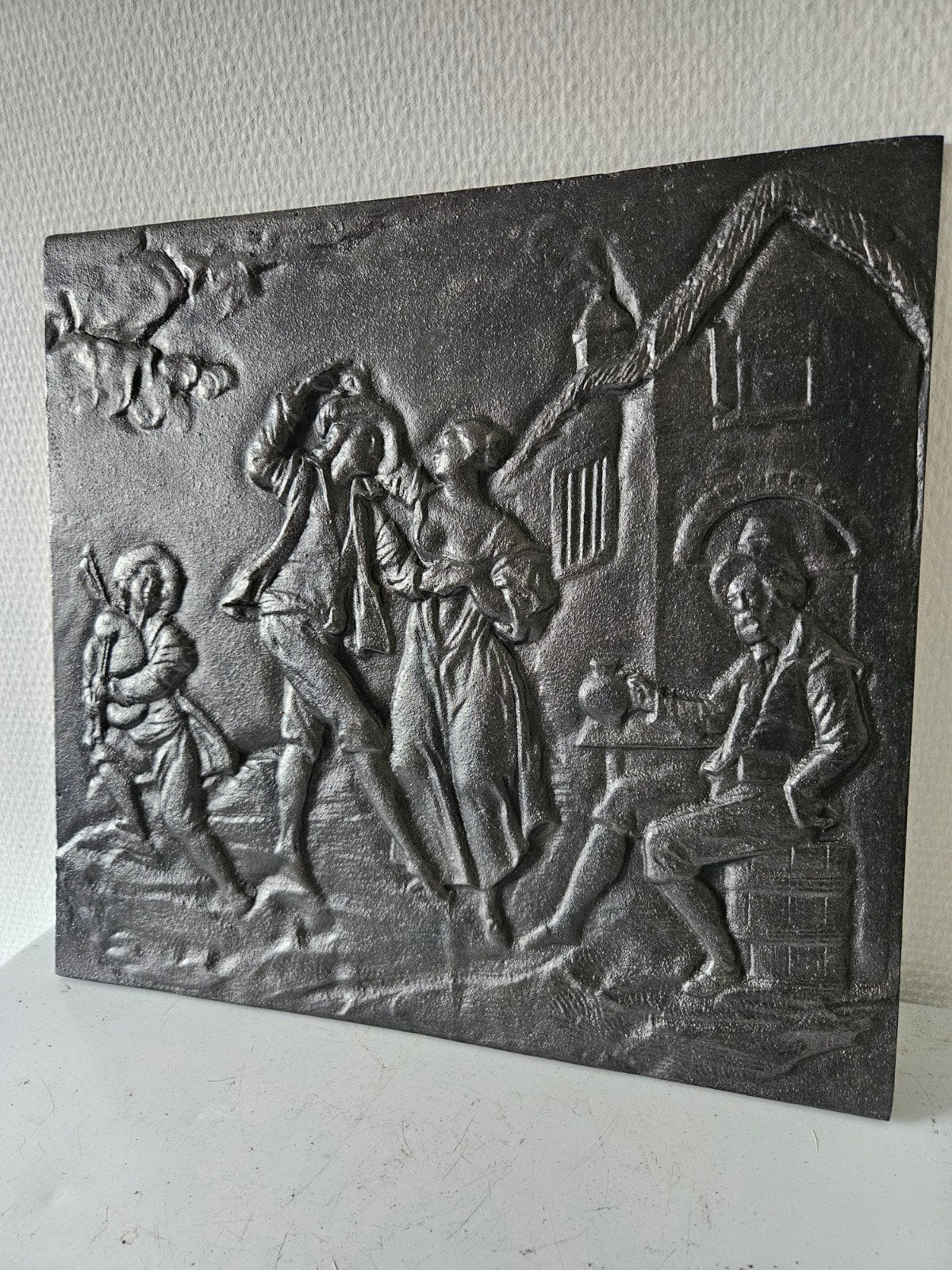 Antieke gietijzeren haardplaat met reliëf (40x30cm), Ophalen of Verzenden