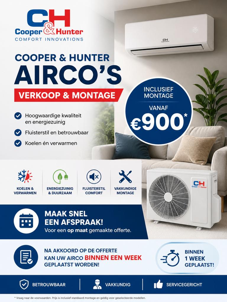 Airco incl. montage vanaf €900 | Binnen 1 week geplaatst, Witgoed en Apparatuur, Airco's, Ophalen, Verwarmen, Nieuw, 3 snelheden of meer