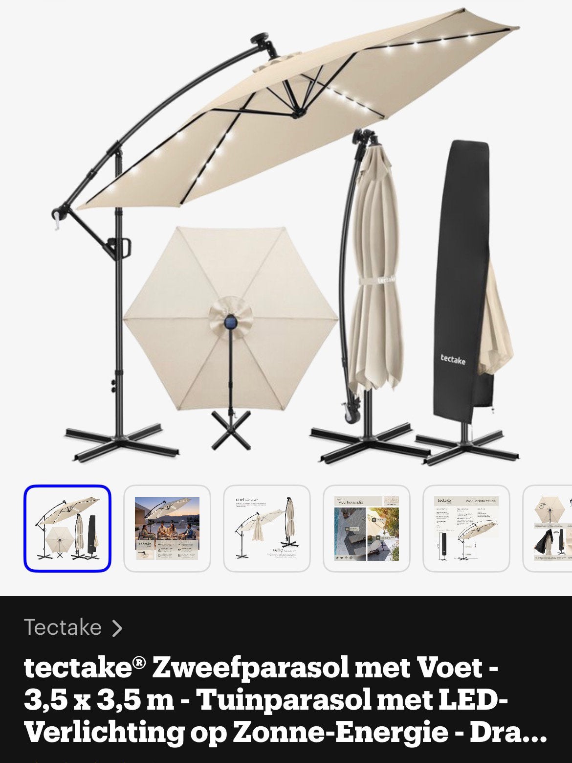 Zweefparasol - 3,5 x 3,5 m - Tuinparasol met LED, Ophalen, Nieuw, Zweefparasol, Kantelbaar