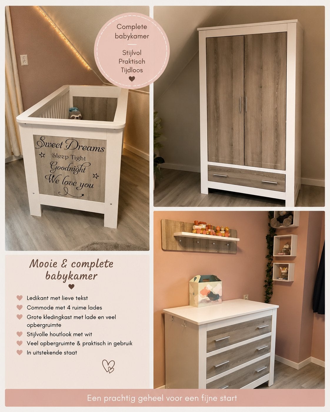 Complete babykamer: ledikant, commode, kledingkast, Kinderen en Baby's, Kinderkamer | Complete kinderkamers, Ophalen, Zo goed als nieuw