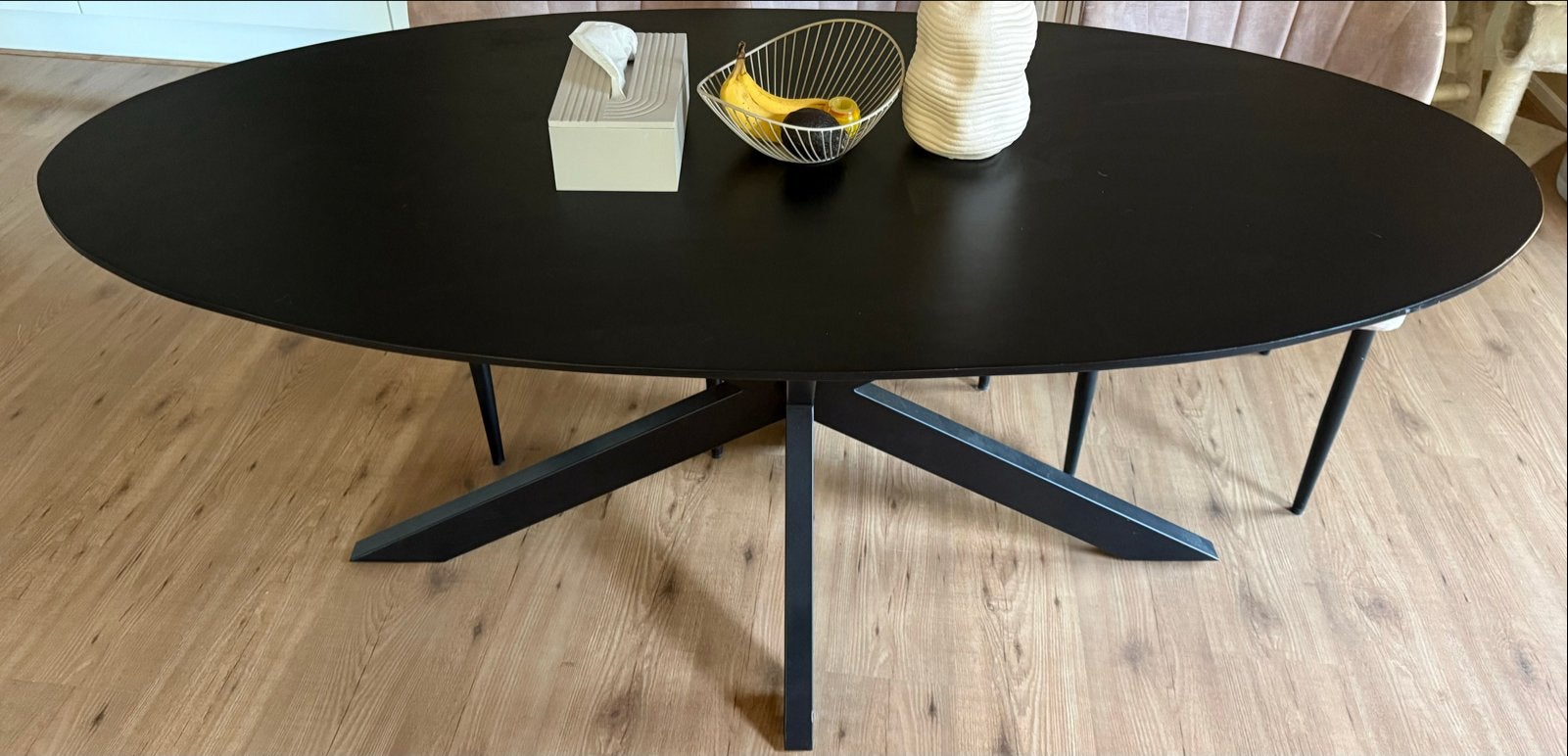 Mooie eettafel met houten blad en ijzeren kruispoot, Ophalen, Gebruikt, 50 tot 100 cm, 150 tot 200 cm