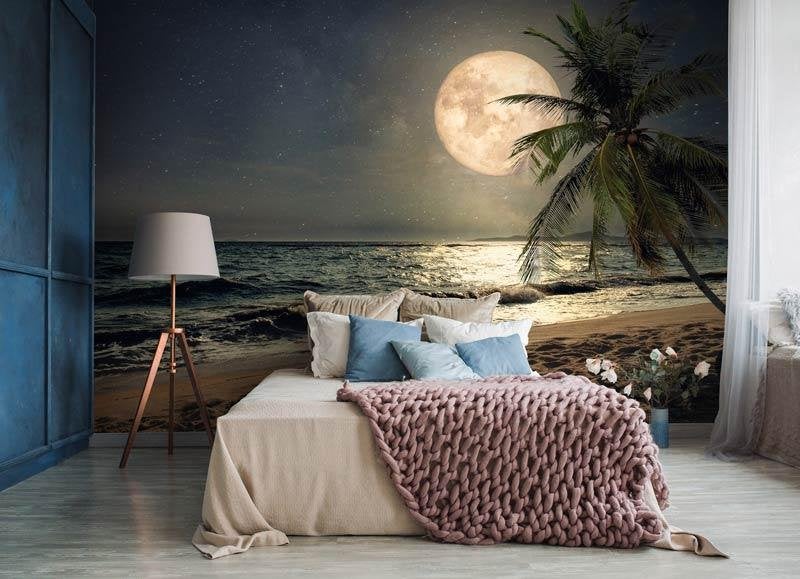 Fotobehang / Behang - Palmboom - Zee - Strand bij Volle Maan, Info@fotobehangkoning.nl, Fotobehang, 5 tot 10 m², Fotobehangkoning.nl