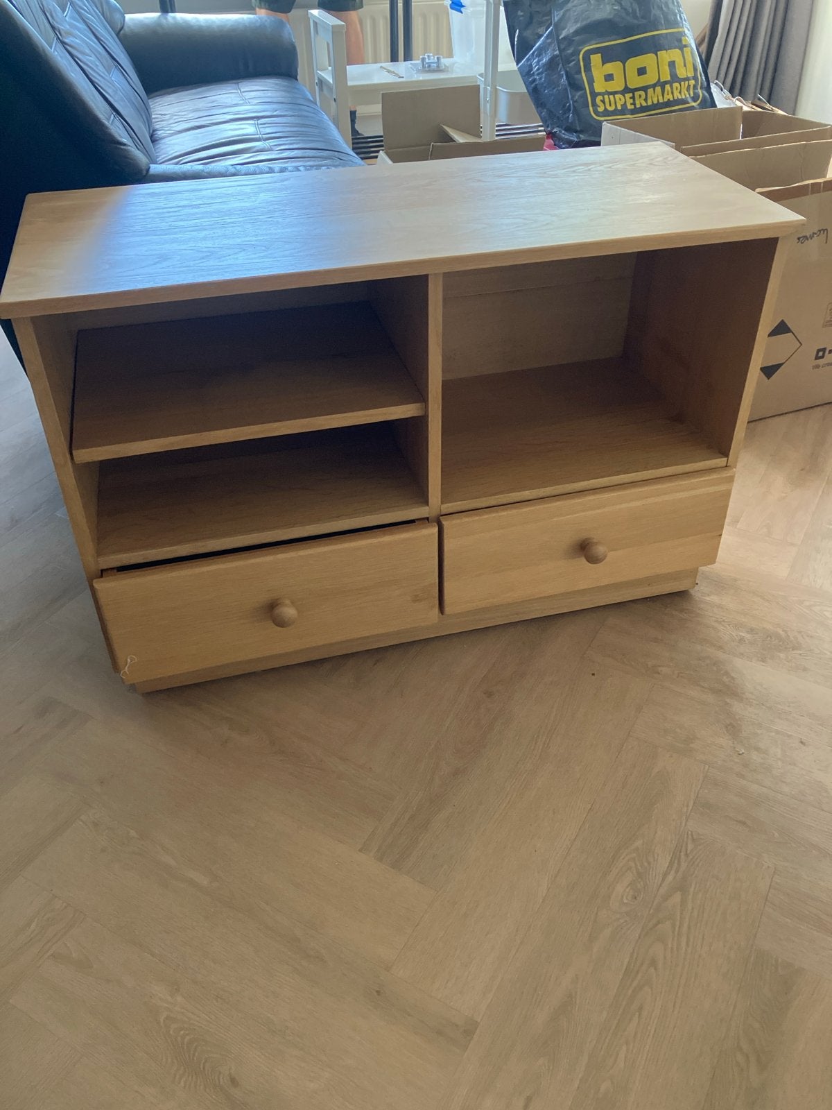 Houten TV-meubel met lades en open vakken, Ophalen, Gebruikt, 50 tot 100 cm, Minder dan 100 cm