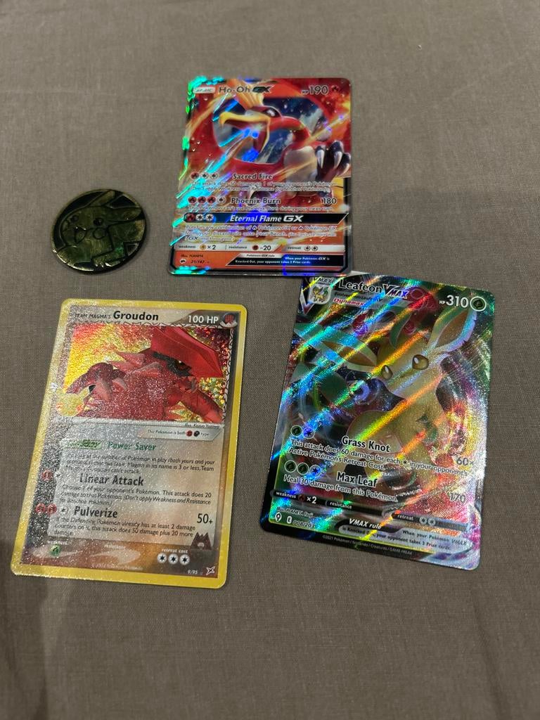 Pokémon Kaarten: Groudon, Ho-Oh GX, Leafeon VMAX + munt, Ophalen of Verzenden, Gebruikt, Meerdere kaarten, Foil