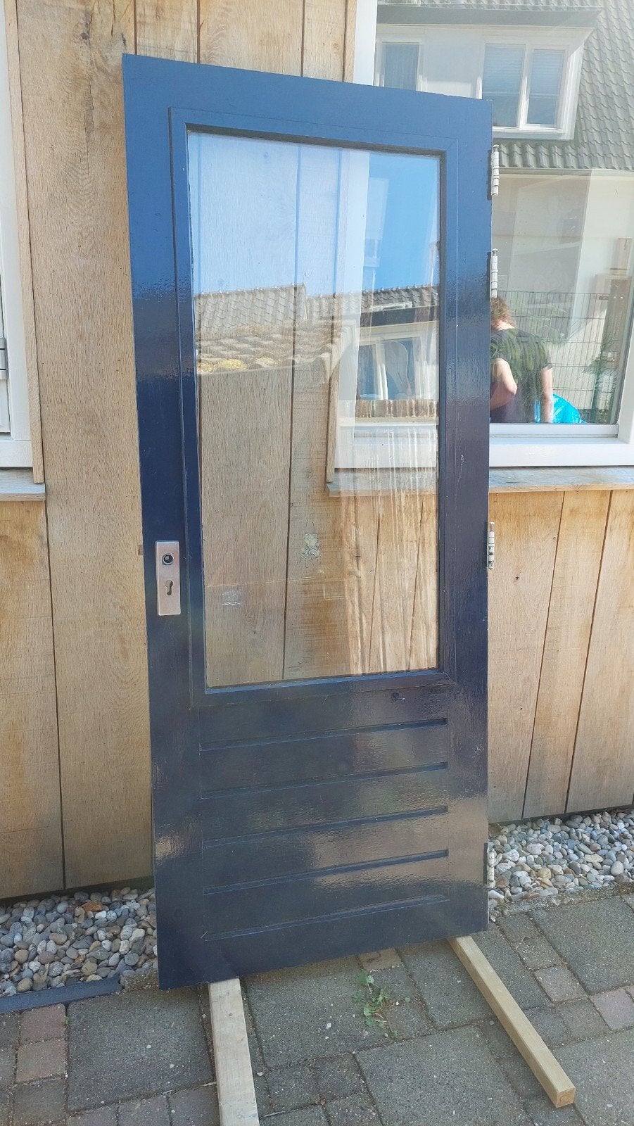 Tuindeur met glas - Blauw/Wit, Ophalen, Gebruikt, 80 tot 100 cm, Buitendeur
