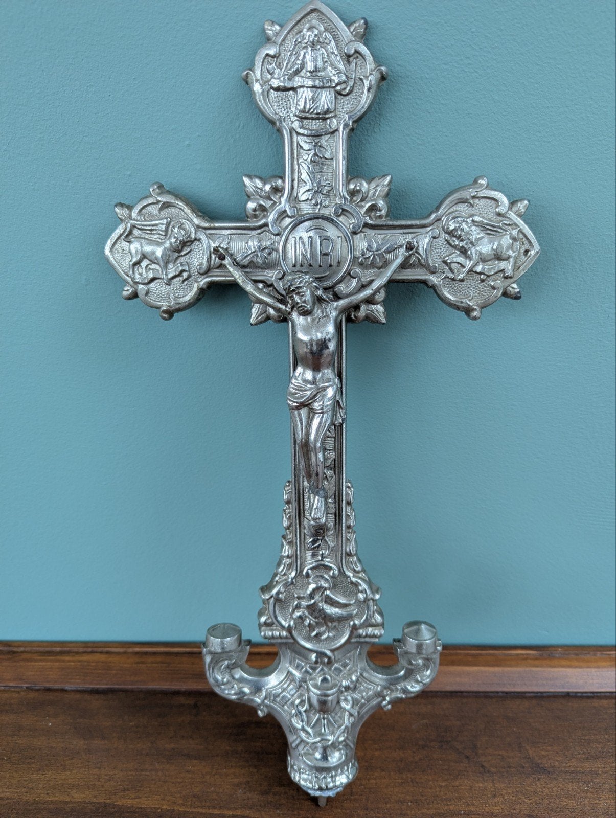 Antiek Frans Tafelkruisbeeld verzilverd metaal, ca. 1900., Ophalen of Verzenden