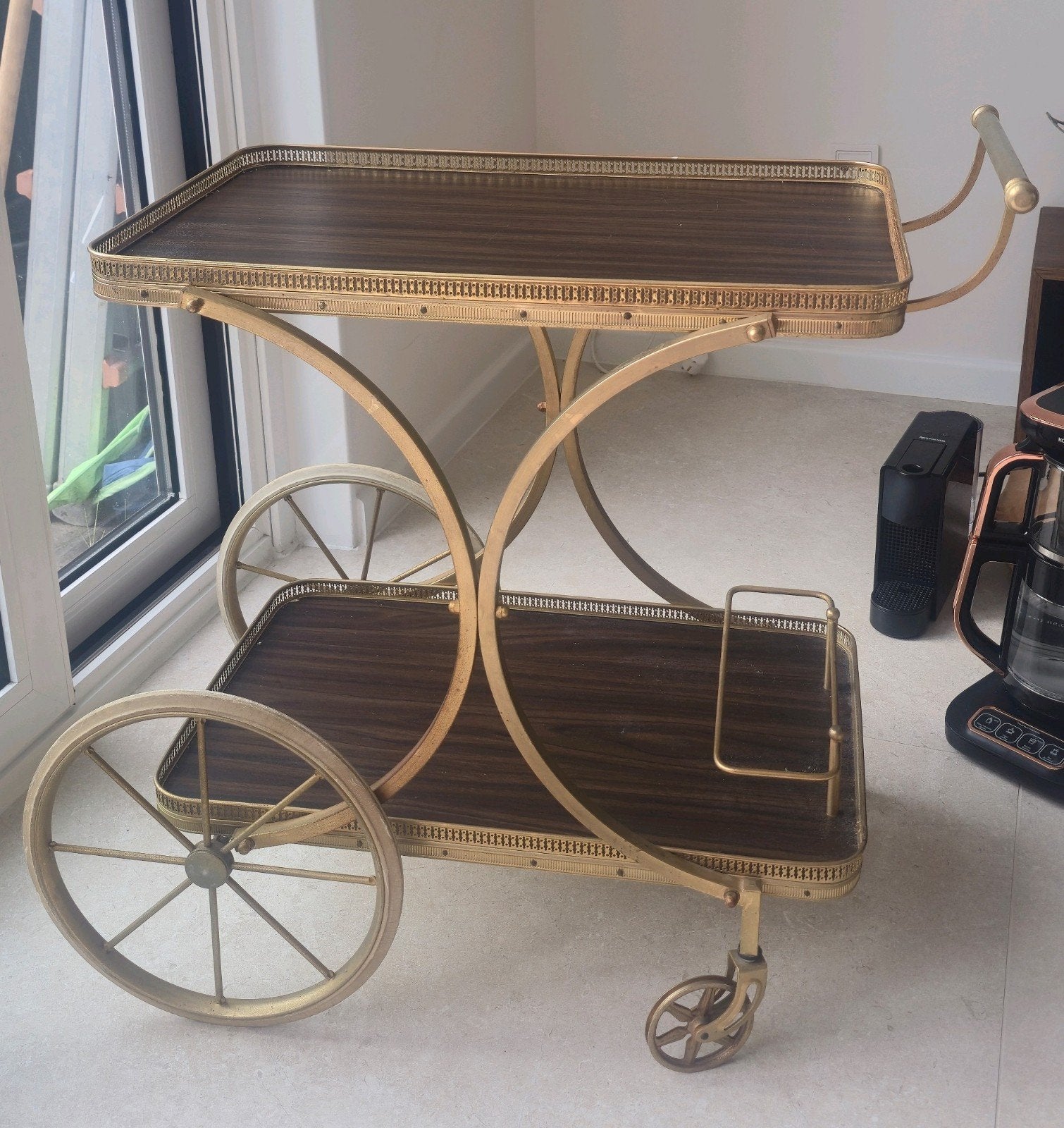Vintage serveerwagen (goud met hout), Antiek en Kunst, Ophalen of Verzenden
