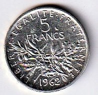 5  francs  1962  Frankrijk. km. 926, Ophalen of Verzenden, Frankrijk, Losse munt, Zilver
