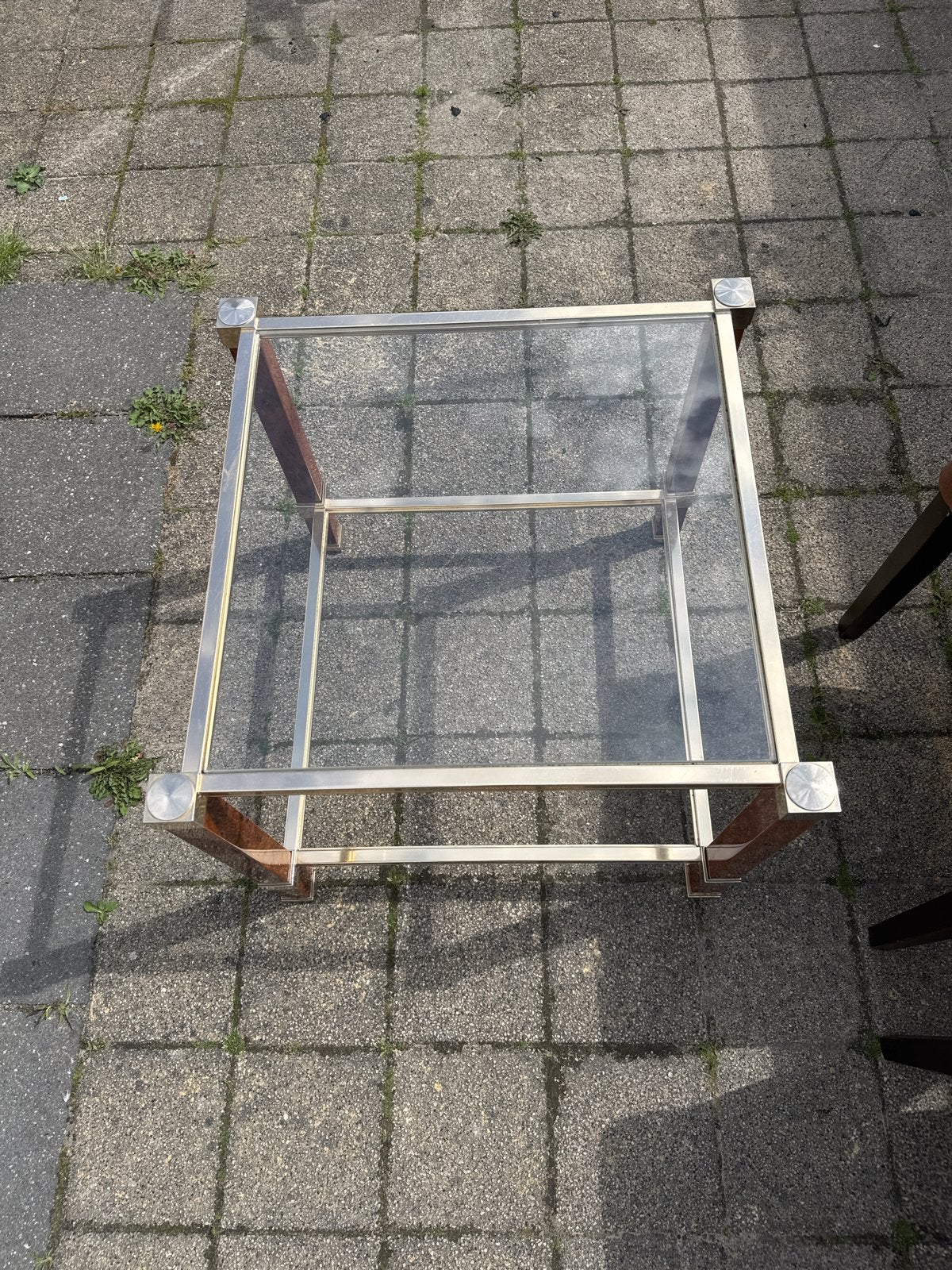 Glazen salontafel met gouden frame en houten poten, Minder dan 45 cm, Minder dan 55 cm, Gebruikt, Vierkant