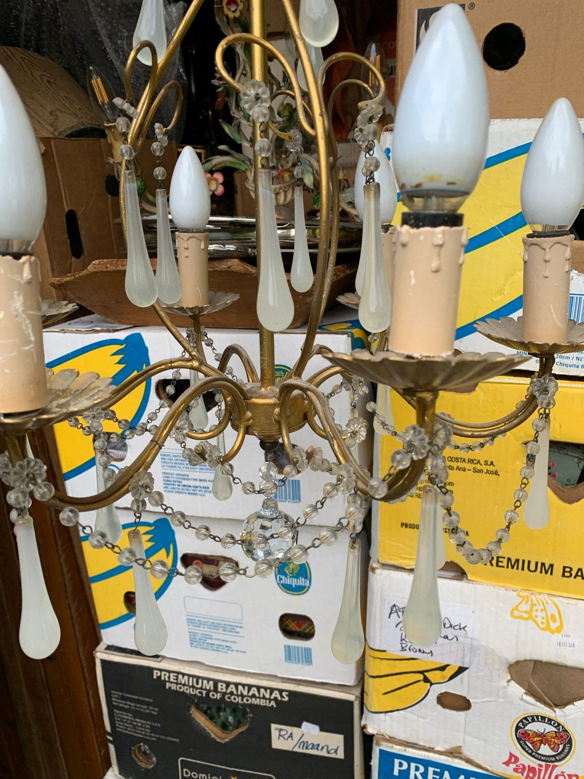 Antieke Franse Kroonluchter met Wit Opaalglas Pegels, Ophalen of Verzenden