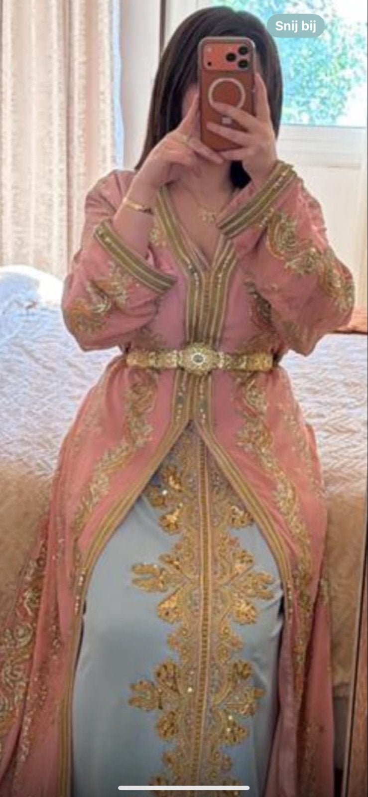 Marokkaanse jurk - Caftan met gouden borduursels, Kleding | Dames, Maat 38/40 (M), Ophalen of Verzenden, Roze, Gedragen
