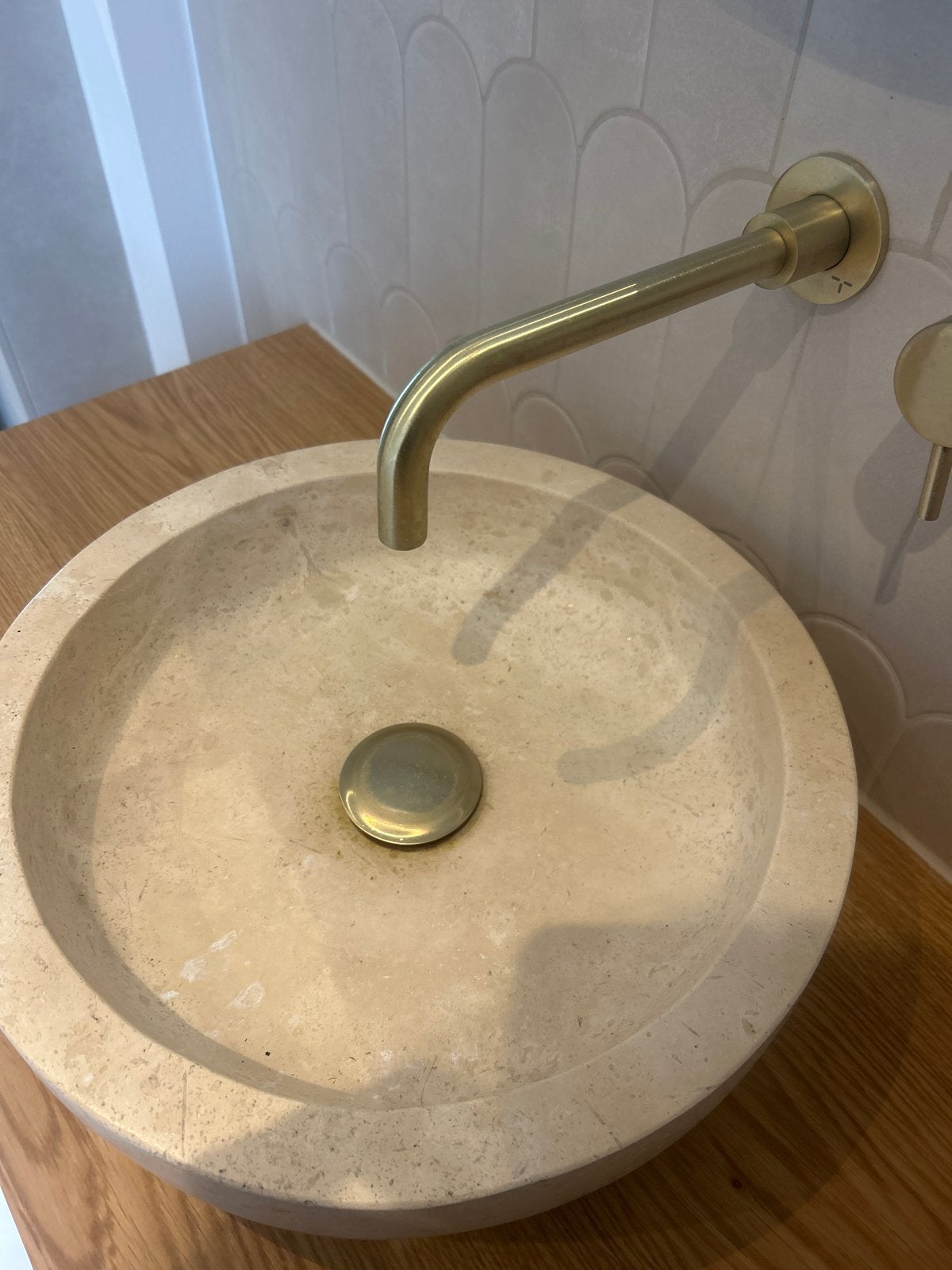 Nieuwe Travertin Waskom - Rond, Beige, 40x40x12 cm, Ophalen, Nieuw, Steen, Wastafel