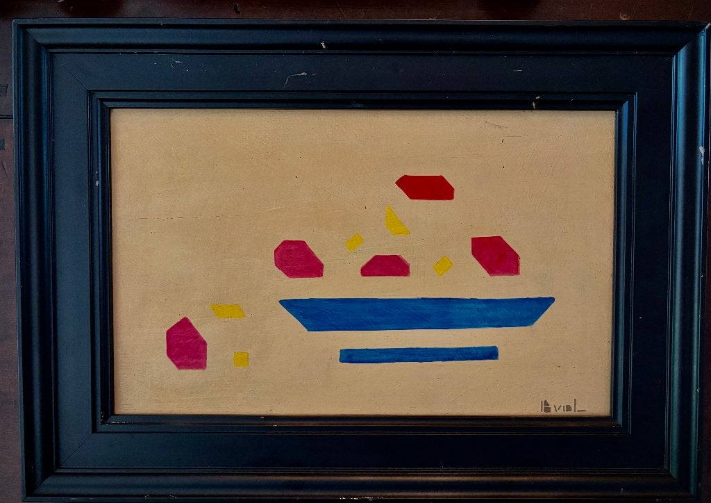 Te koop of informatie  gevraagd  olieverf schilderij op hout, Abstract, Ophalen of Verzenden, Handgeschilderd, Maritiem / water