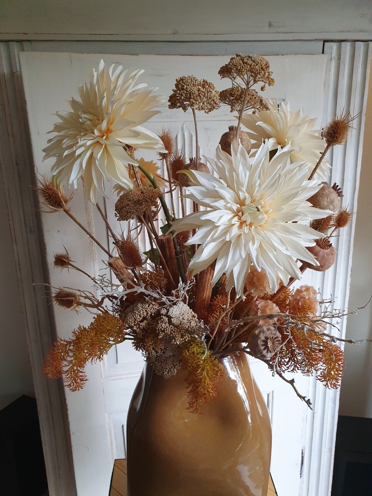 Sfeervol bloemstuk kunst- en droogbloemen in natureltinten, Ophalen, Binnen, Gebruikt, Overige materialen