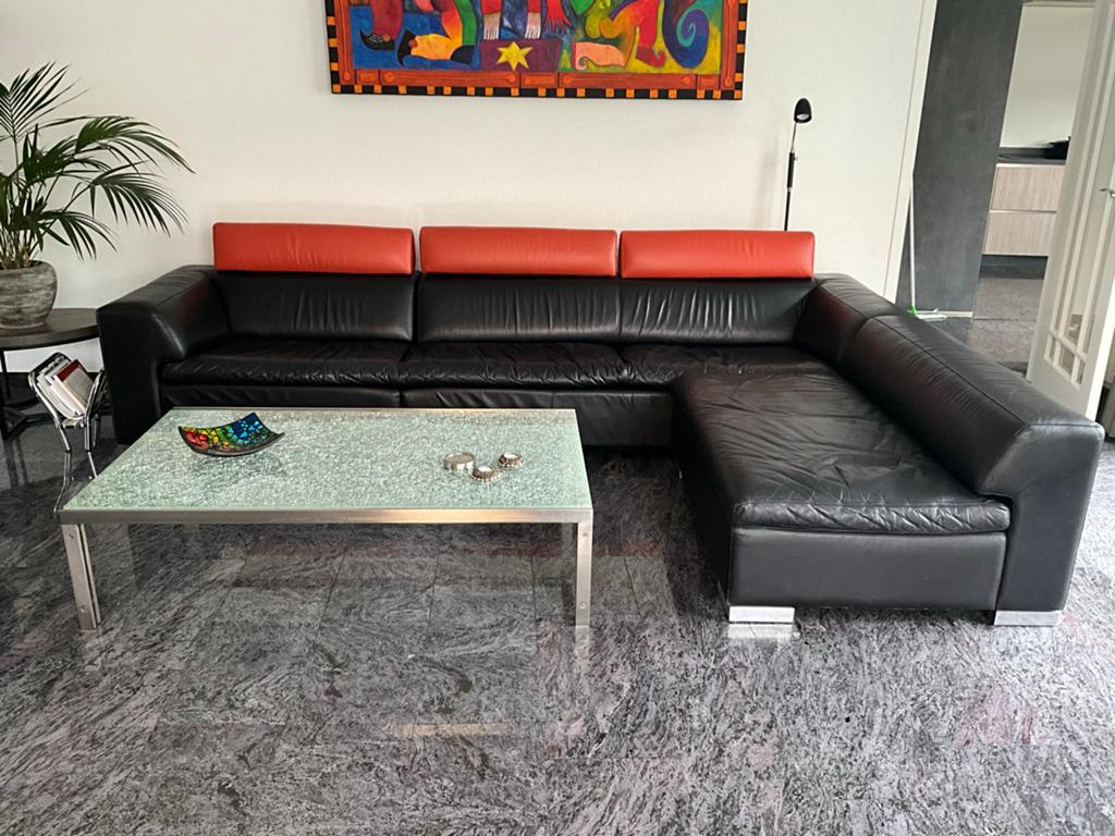 Leolux Hoekbankstel Zwart Leer met Oranje Details, Ophalen, Gebruikt, Leer