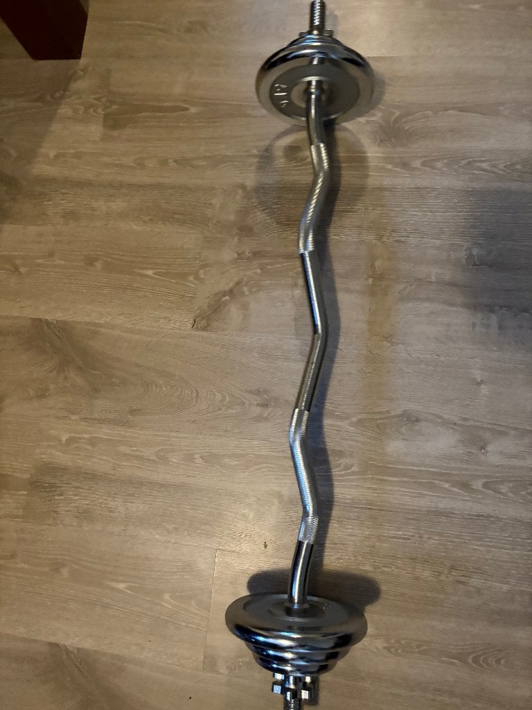 Prachtige full chrome halterstang EZ Curl Bar + gewichten, Sport en Fitness, Ophalen, Zo goed als nieuw, Buik, Halterset
