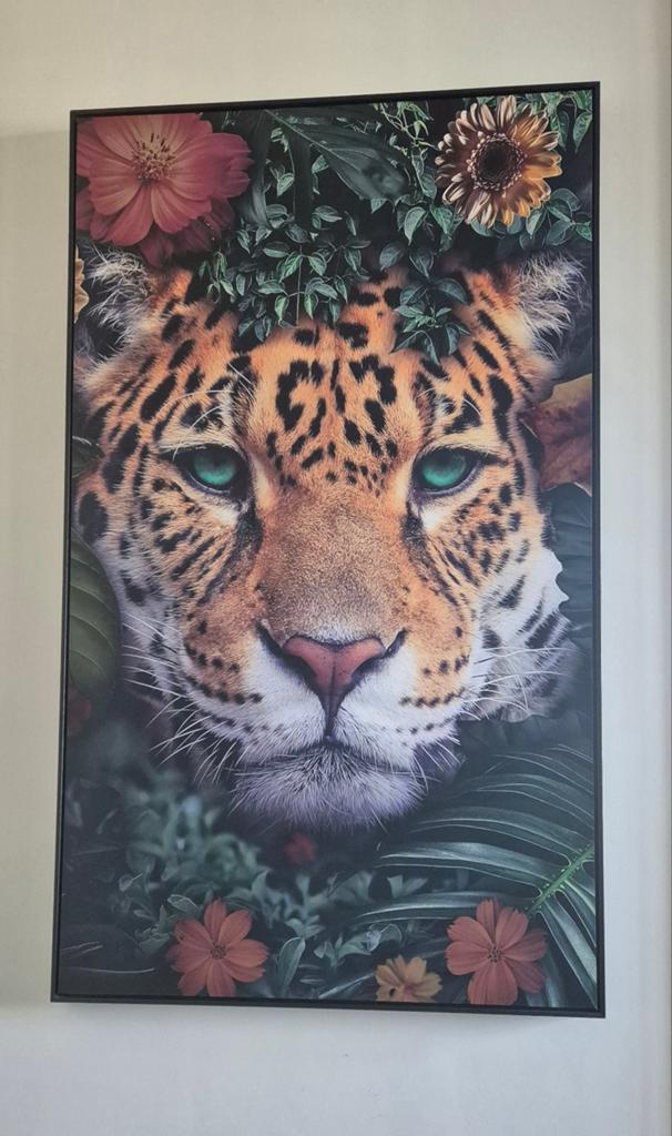 Prachtig panter schilderij met Botanische Elementen, Ophalen of Verzenden, Zo goed als nieuw, 50 tot 75 cm, Schilderij