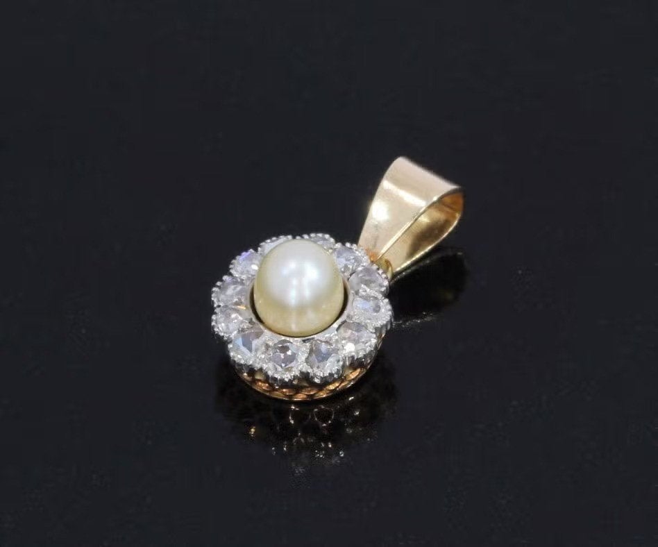 Art Deco diamanten parel 14k ketting hanger goud antiek