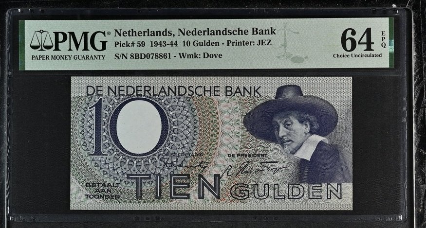 10 gulden 1943 Staalmeester PMG 64 EPQ, Verzenden, 10 gulden