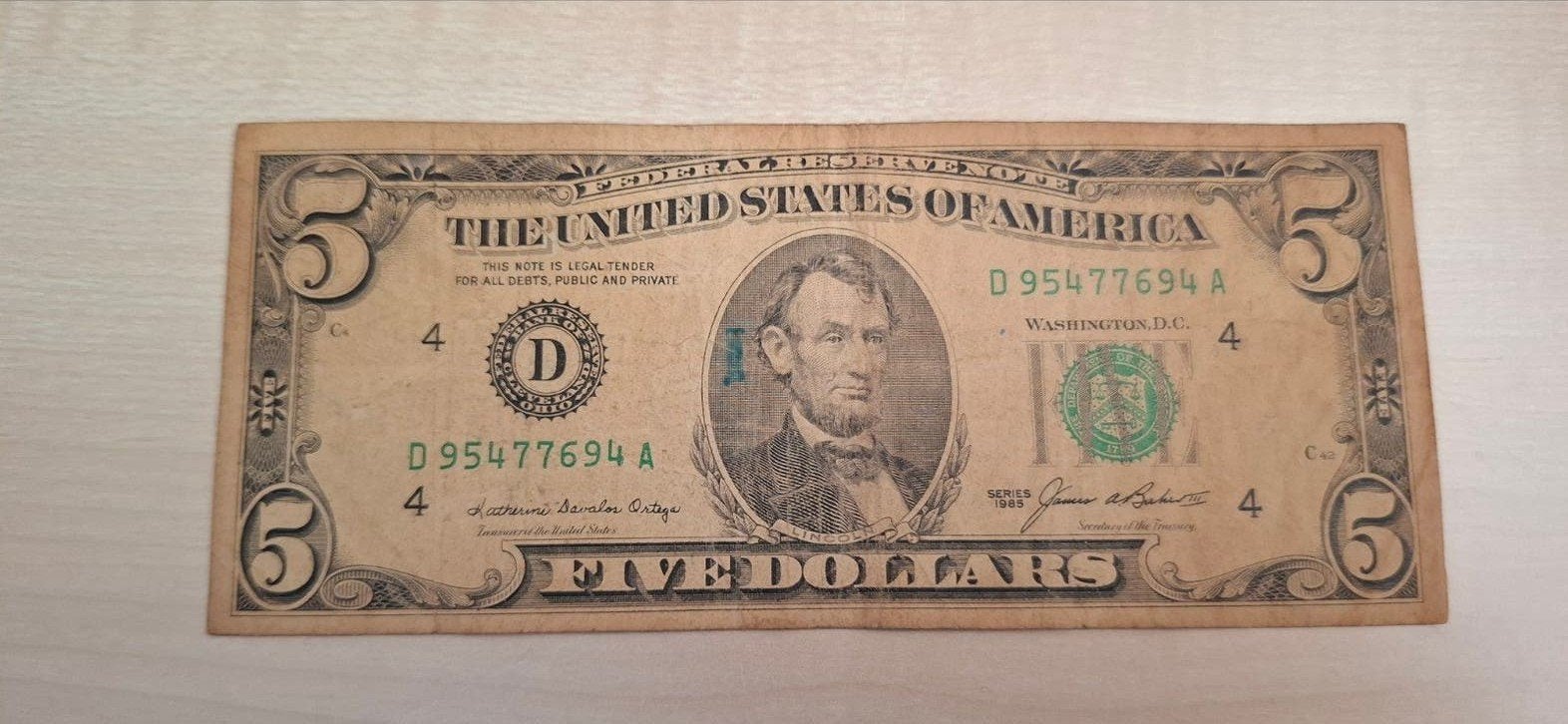 Zeldzame 5 dollar biljet uit serie 1985 - Verenigde Staten, Ophalen of Verzenden, Noord-Amerika, Los biljet