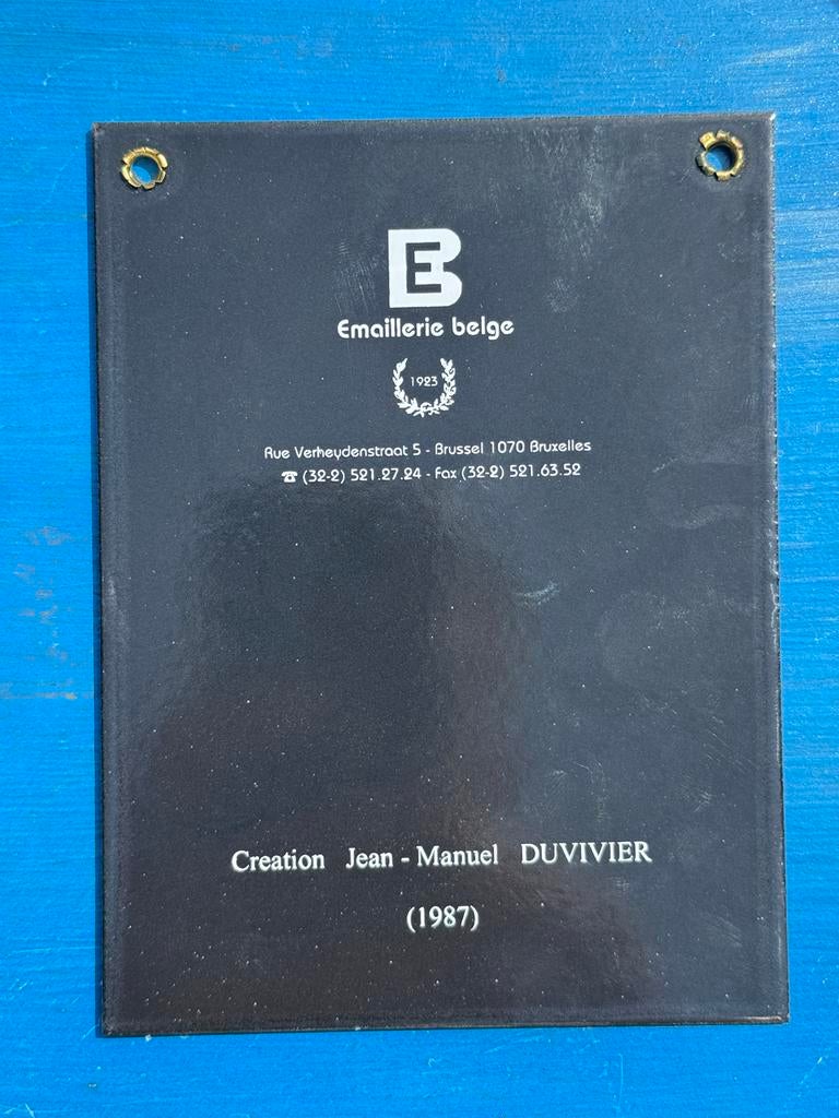 Emaille plaat Brussel - Jean-Manuel Duvivier (1987), Verzamelen, Reclamebord, Gebruikt, ., Ophalen of Verzenden