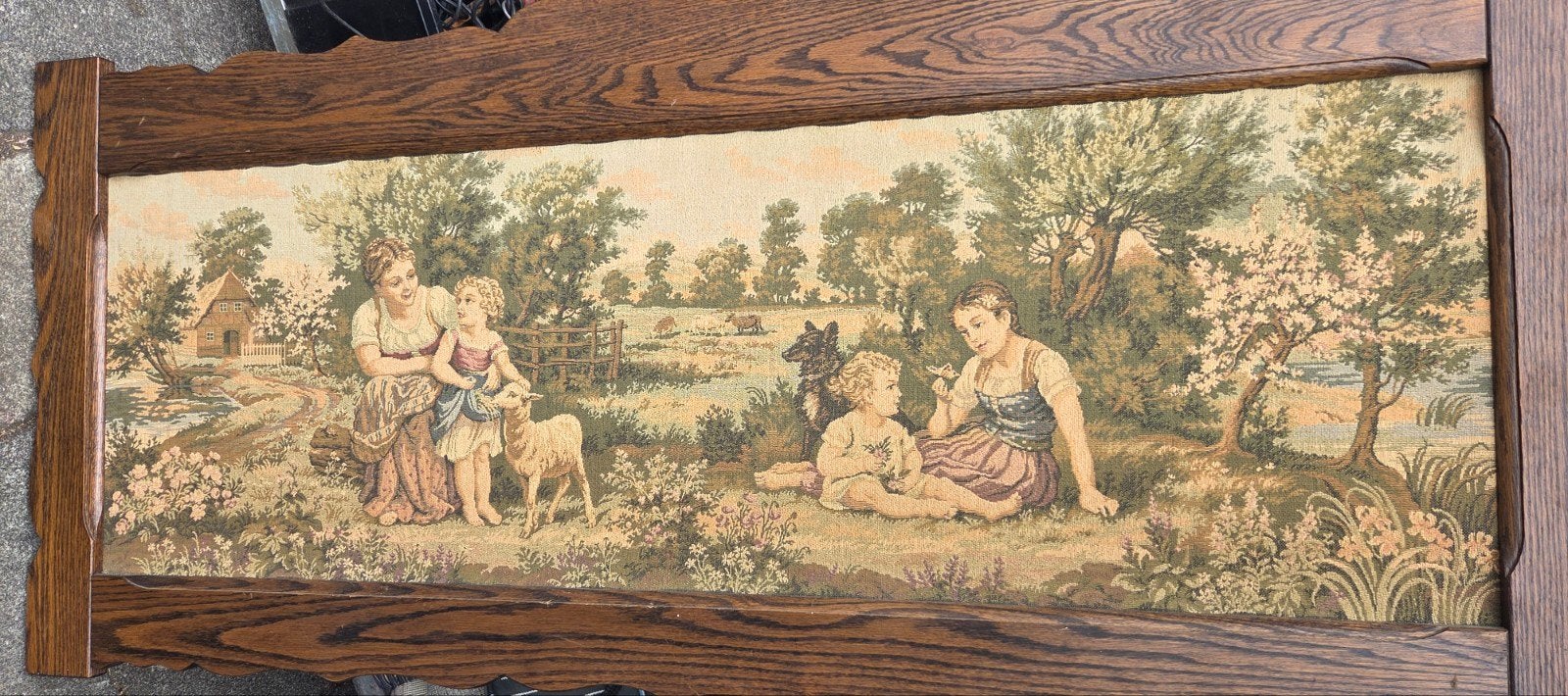 Vintage wandtapijt met houten lijst - Landelijk tafereel, Ophalen of Verzenden