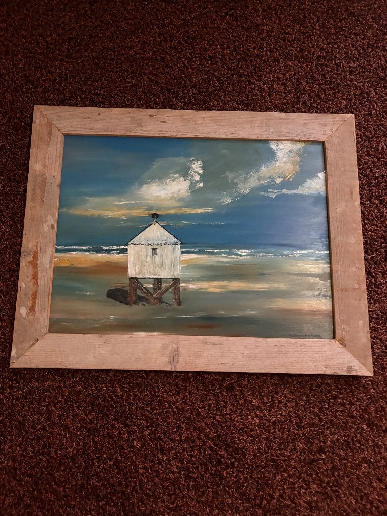 Groot schilderij 75,5x95 cm drenkelingenhuisje Terschelling, Ophalen, Realistisch, Ingelijst, Olieverf