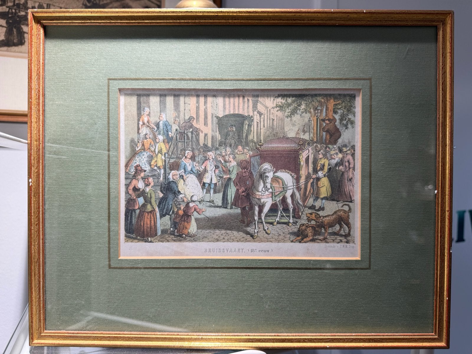 Antieke Steendruk 'Bruidsvaart' uit de 18e Eeuw door P.W.M., Ophalen of Verzenden, Ingelijst, Dagelijks leven, 1700 - 1799