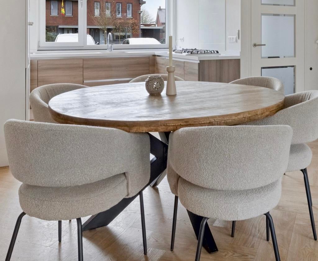 Mangohouten eettafel 150 cm met stalen poot, Gebruikt, 150 tot 200 cm, Rond, Ophalen of Verzenden