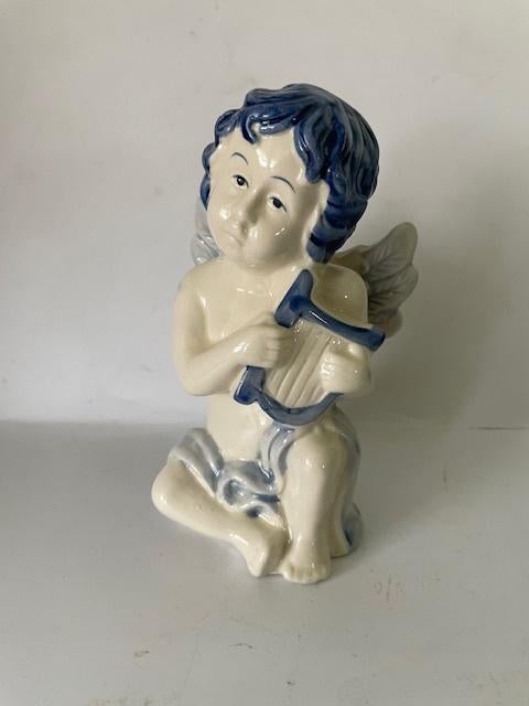 Delfts blauw beeld Engel / cherubijn met harp., Ophalen, Zo goed als nieuw, Religie