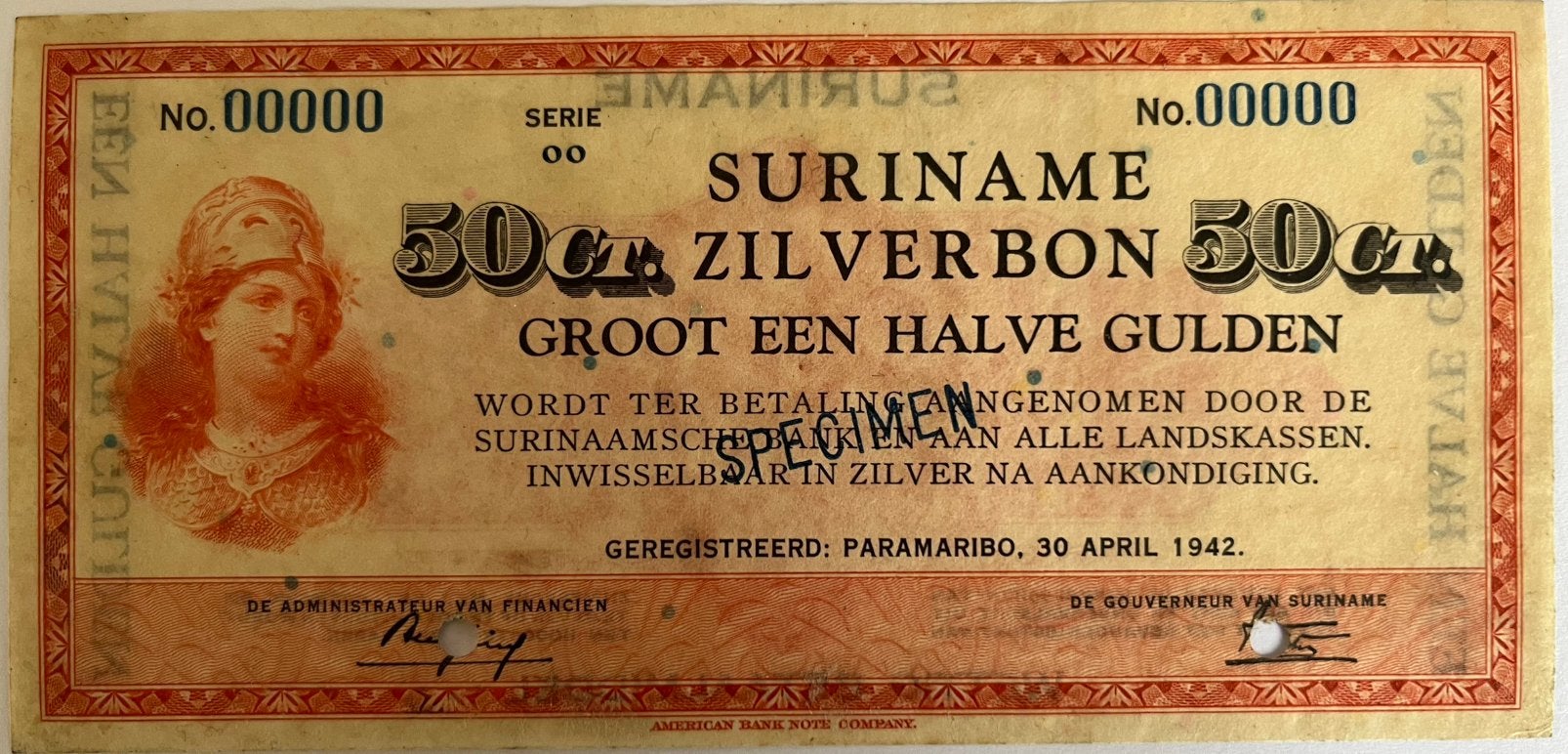 Suriname 50 cent 1942 zeldzame specimen, Postzegels en Munten, Bankbiljetten | Nederland, Ophalen of Verzenden, Los biljet