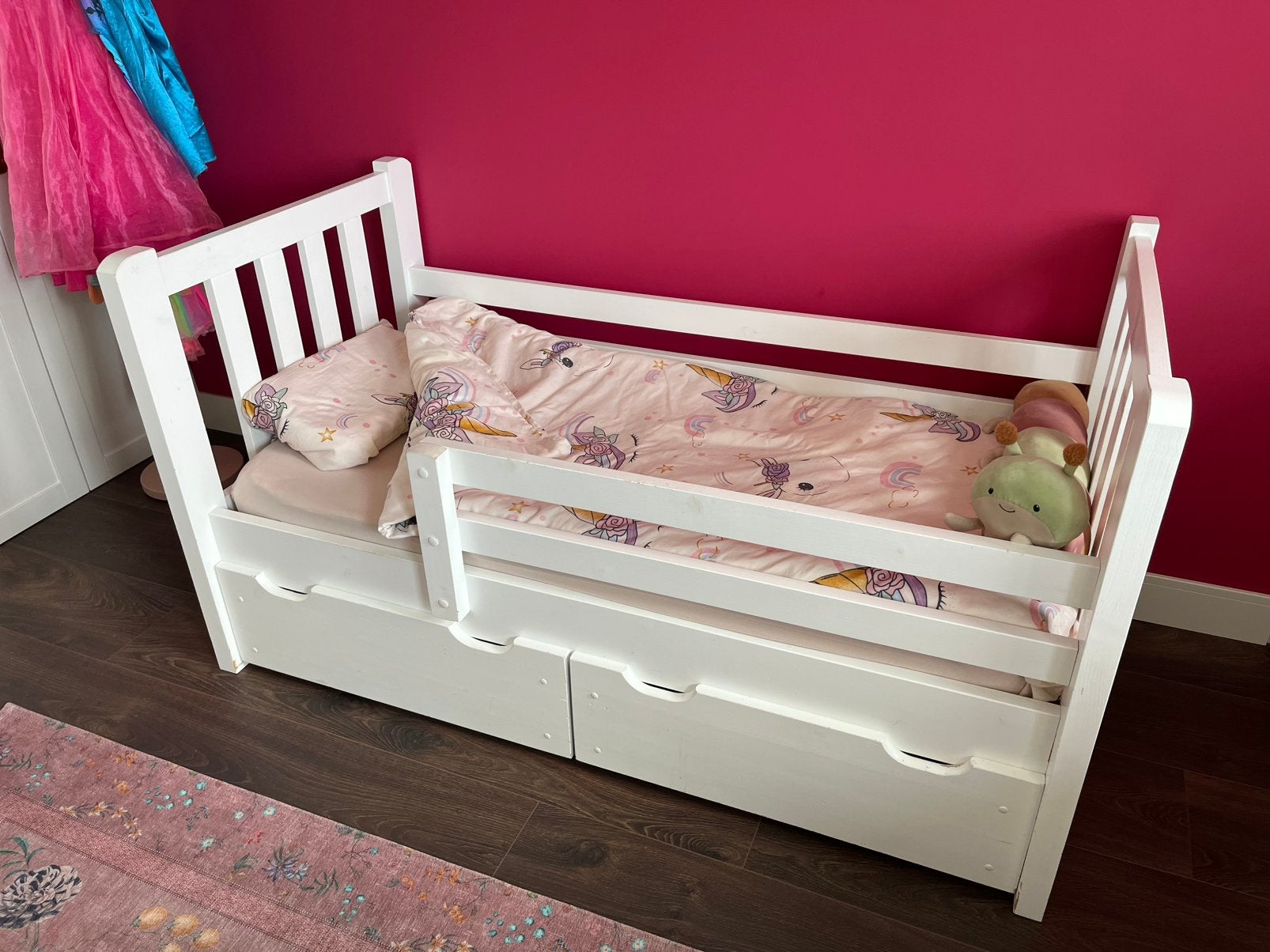 Peuterbed 150x70 -wit hout- incl. bedlades + veiligheidsrek, Ophalen, Gebruikt, 70 tot 85 cm, 140 tot 160 cm