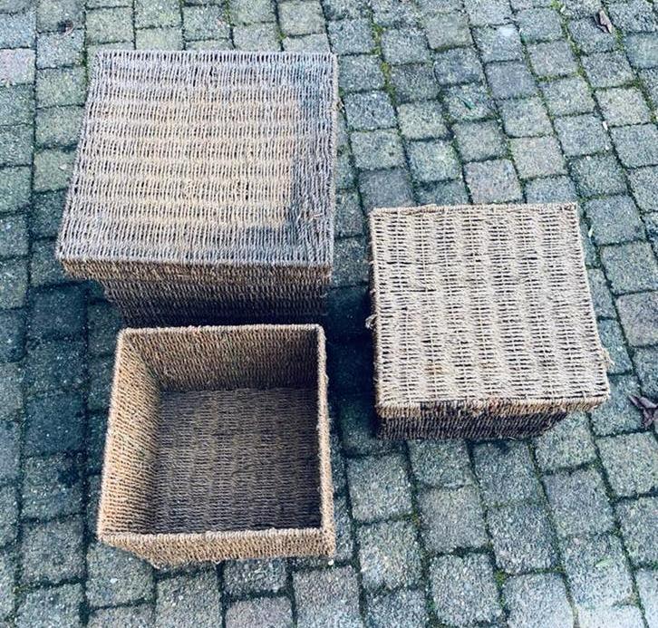 Set van 3 rieten manden met deksel, Mand, Vierkant, Ophalen of Verzenden, Zo goed als nieuw