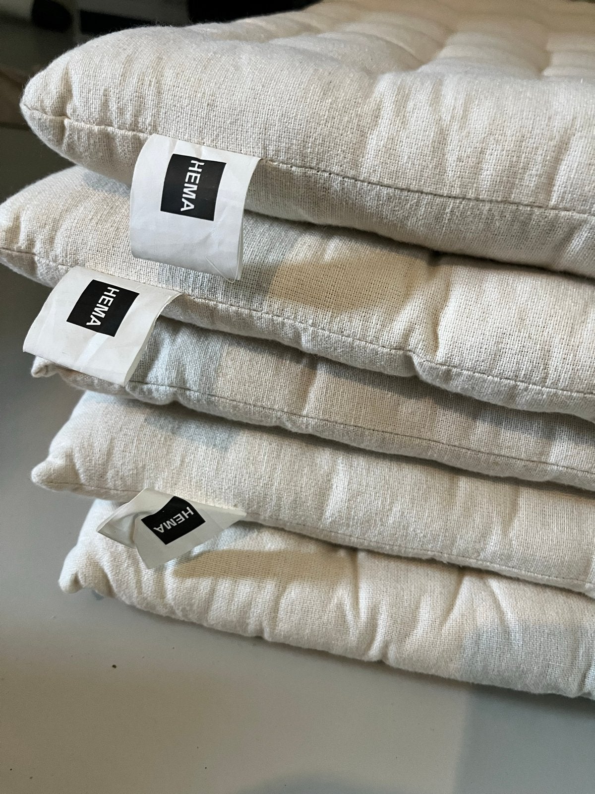 Set van 5 HEMA zitkussens, zo goed als nieuw, Ophalen, Beige, Vierkant, Zo goed als nieuw
