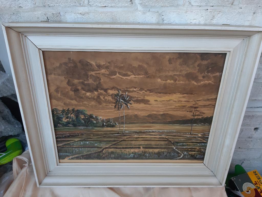 Aquarel, Indonesisch landschap, van Soewardja, werkers op, Antiek en Kunst, Ophalen