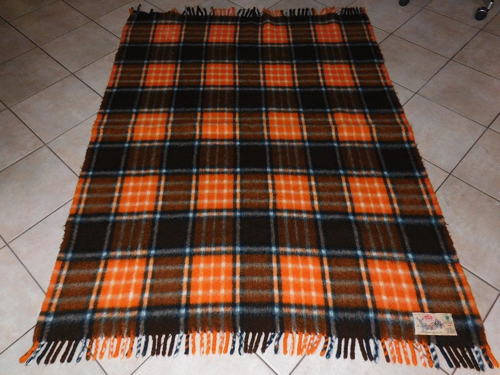 Vintage deken met franje van Aabe (Dralon), geblokt oranje,, Ophalen of Verzenden, Overige typen