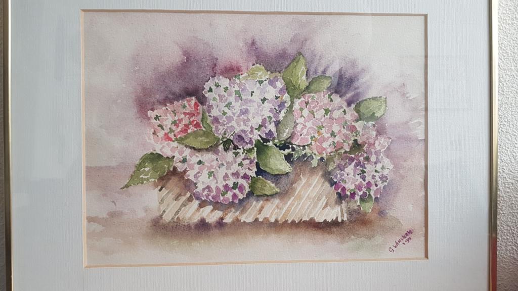 Prachtig vintage schilderij met hortensia's, Minder dan 50 cm, Ophalen of Verzenden, Zo goed als nieuw, Schilderij